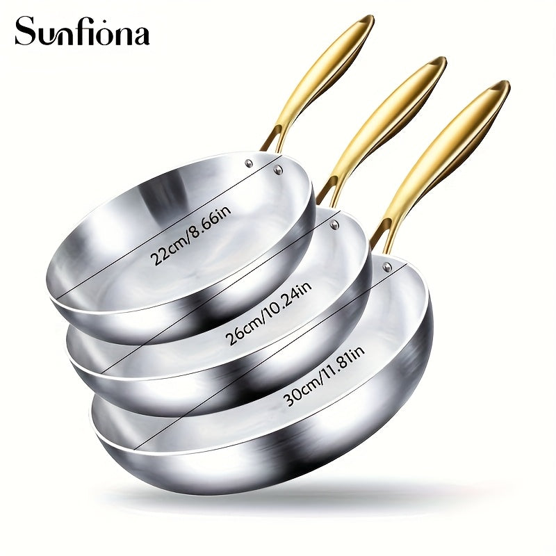 Sunfiona Tri-Ply Stainless Steel Frying Pan Set of 3,21.84/23.88/25.91/27.94/29.97cm Chef's Pans,Skillets,Induction Cookware,Pots and Pans Set,Dishwasher and Oven Safe