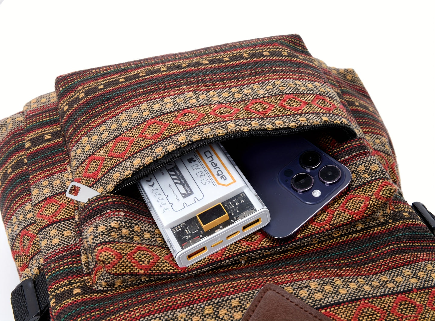 2025 vintage style backpack with adjustable straps, multiple compartments in brown, red, blue, and gray, large capacity travel and vacation backpack, travel backpack