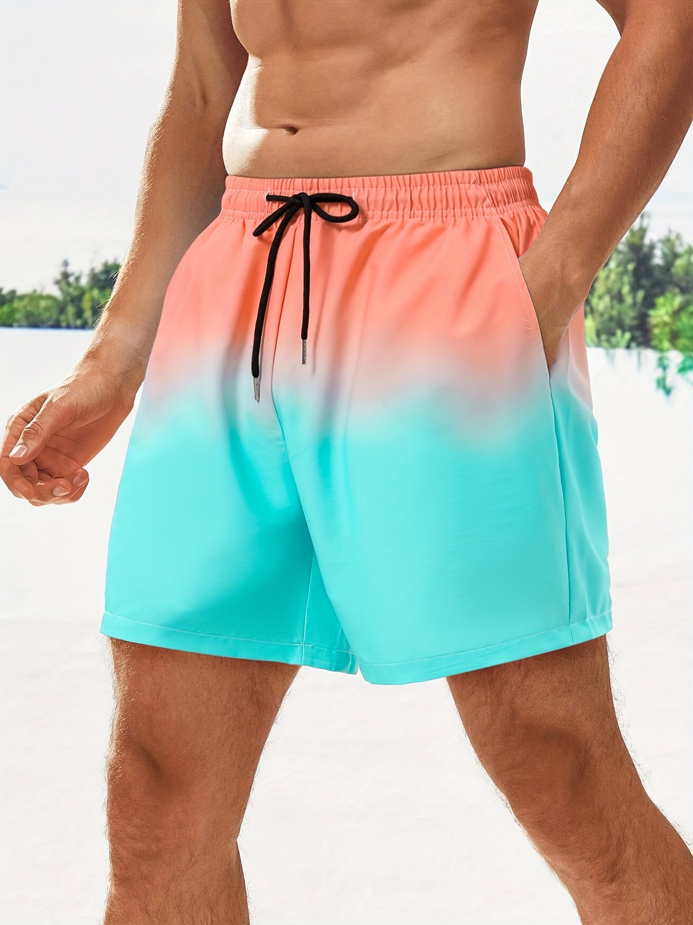 Men's Gradient Beach Shorts - Quick-Dry, Drawstring Waist, Pockets, Polyester, Ideal for Summer Activities & Casual Wear, Casual Summer Shorts|Summer Fashion Shorts|Lightweight Shorts