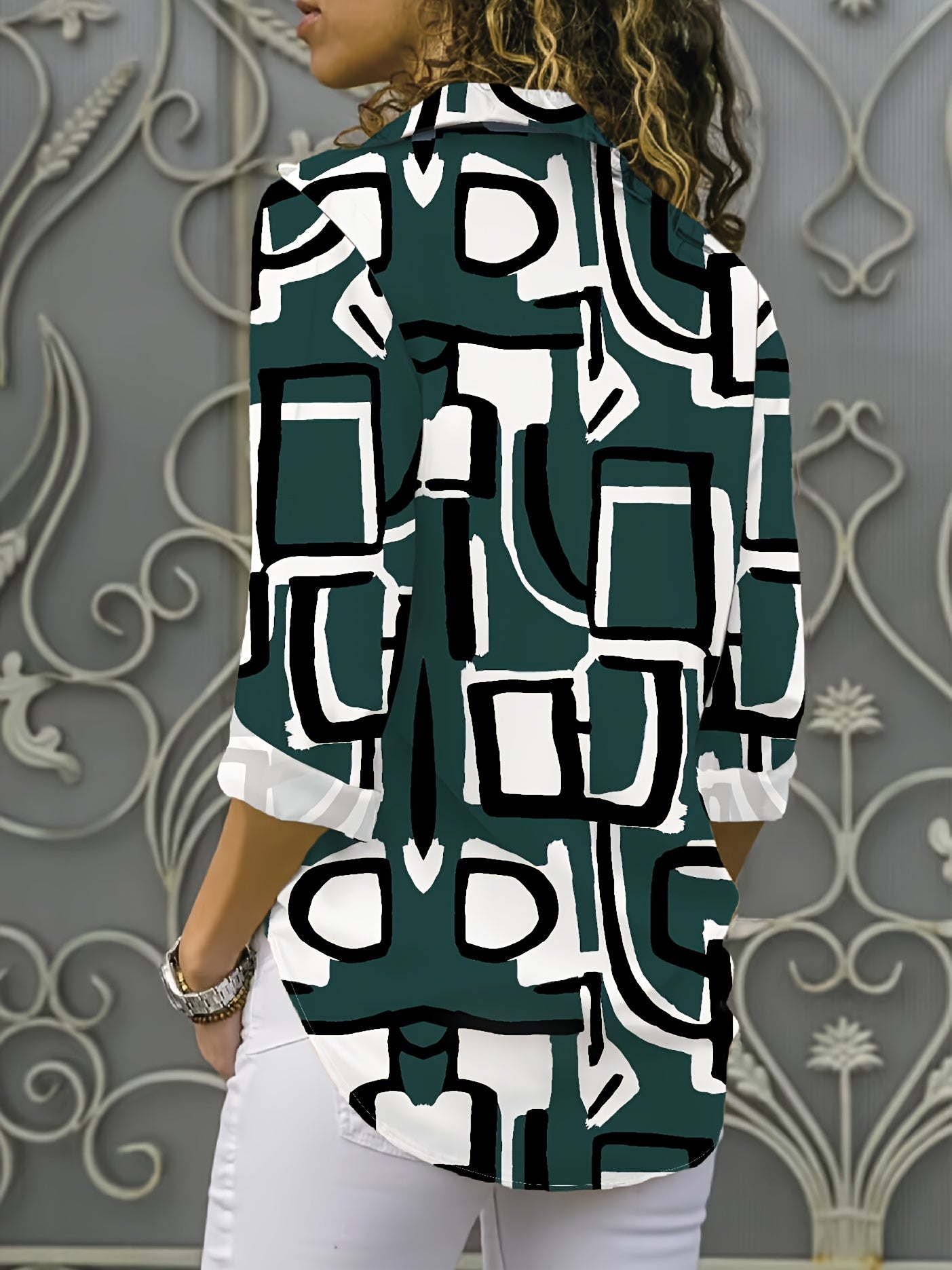 Geo Print Button Front Shirt, Casual Long Sleeve Blouse For Spring & Fall, Women's Clothing
