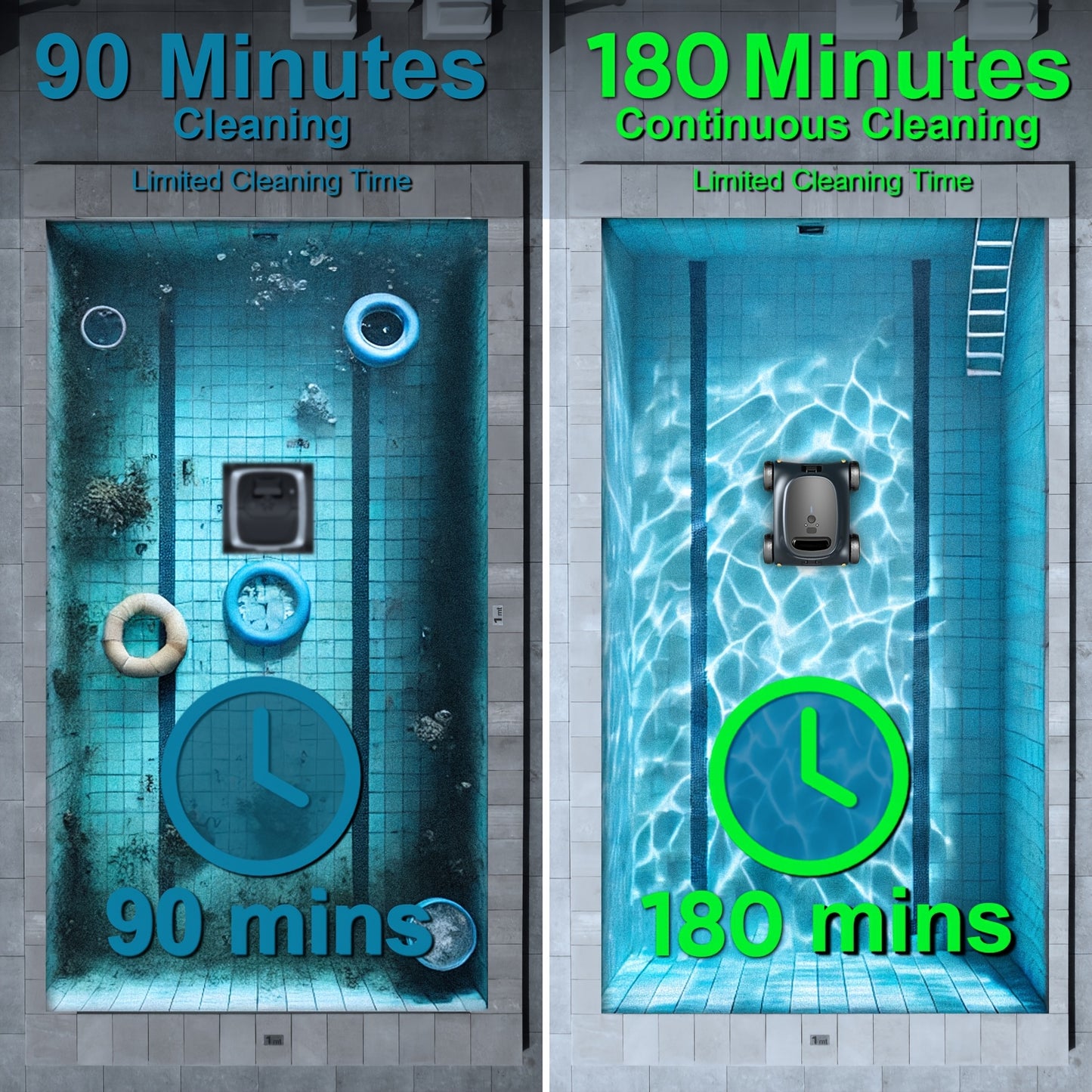 Seauto Robotic Pool Vacuum 180 Mins Running Up to 2000 Sq.ft, 180W Brushless Motor, 45, 000 Pa Powerful Suction for Above Ground Pool and In Ground Flat Pools