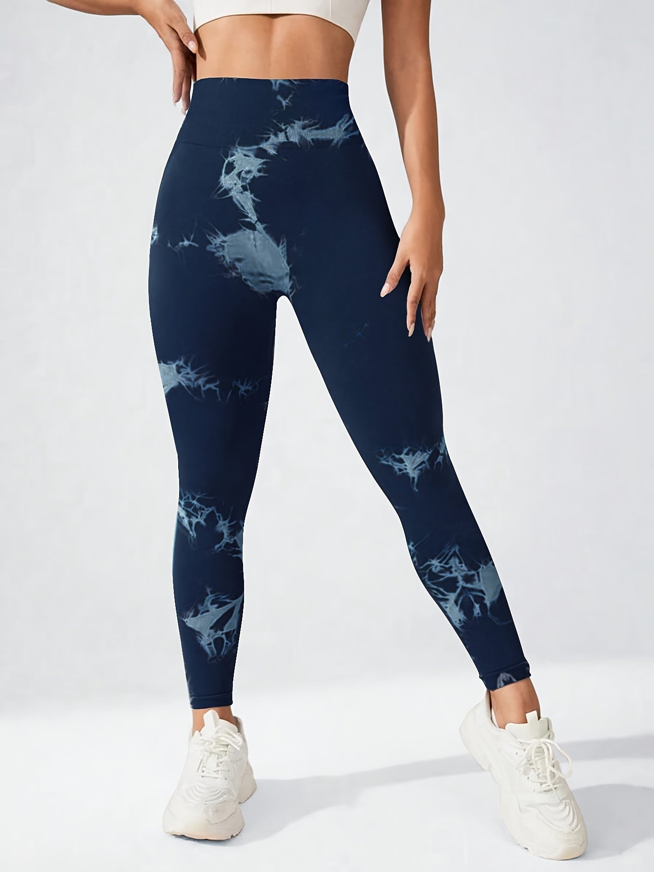 Women's High-Waisted Tummy Control Compression Leggings - Seamless Tight-Fit Gym Pants with Ombre Blue Tie-Dye Print, Full-Length Non-Sheer (Machine Washable, All-Season), for Women, Trendy, Stretchy Fabric, Wear, Lifestyle