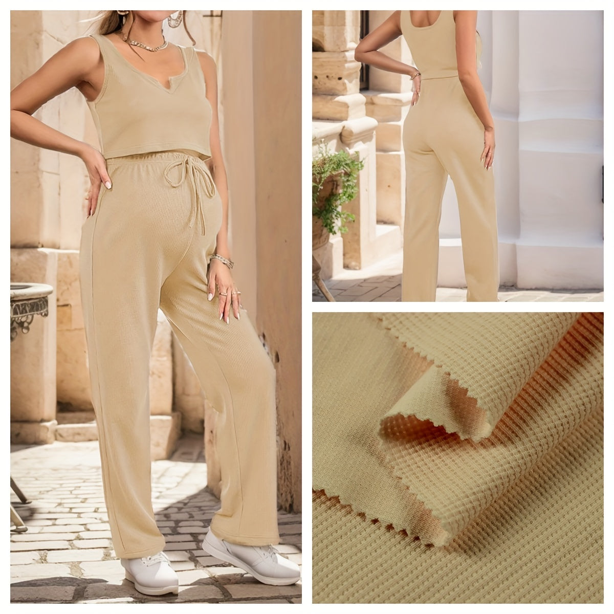 2pcs Pregnant Women's Casual Set, Comfy Sleeveless Shirt & High Waist Tummy Support Drawstring Maternity Pants For Outdoor