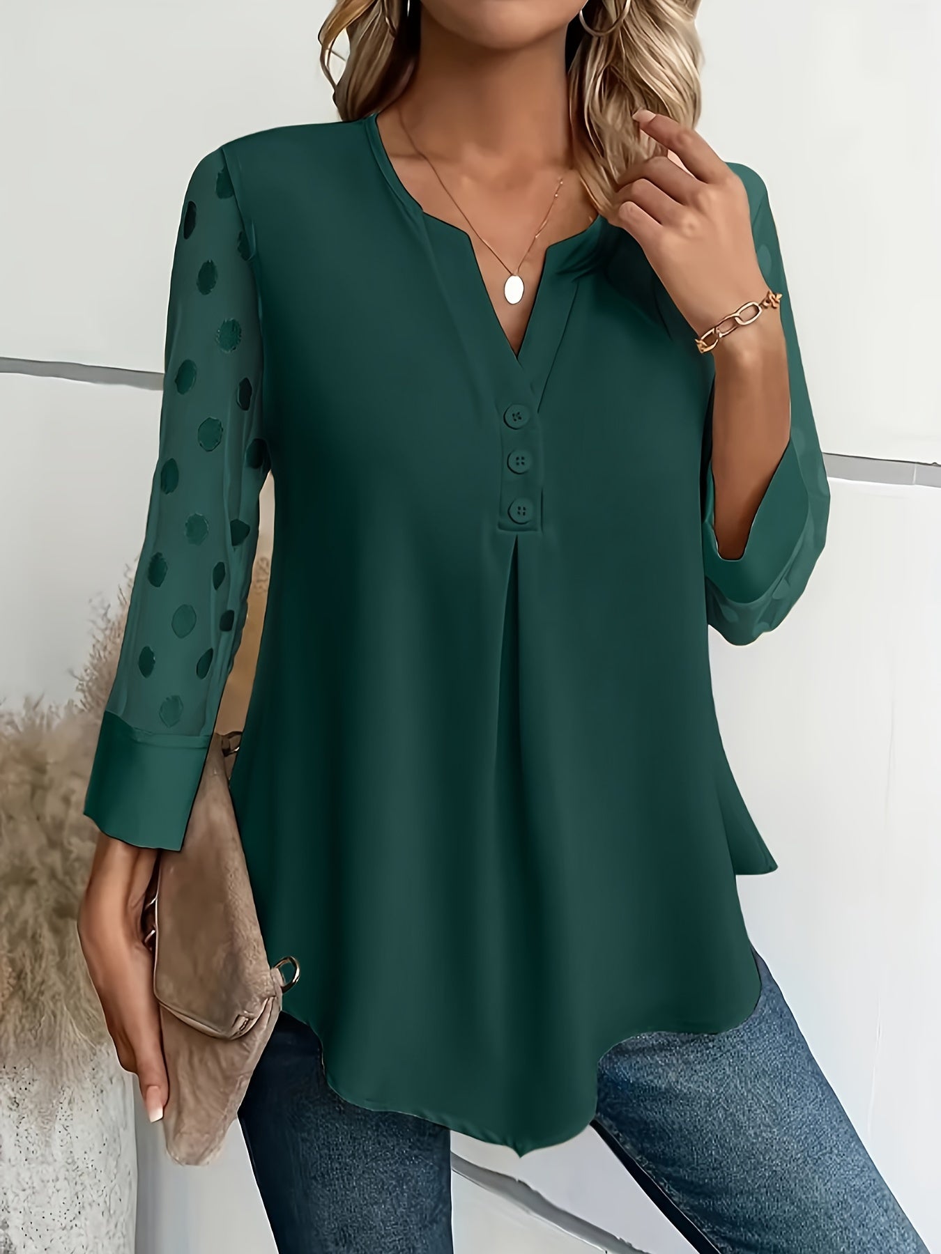 Solid Button Front Blouse, Elegant Long Sleeve Notched Neck Top, Women's Clothing