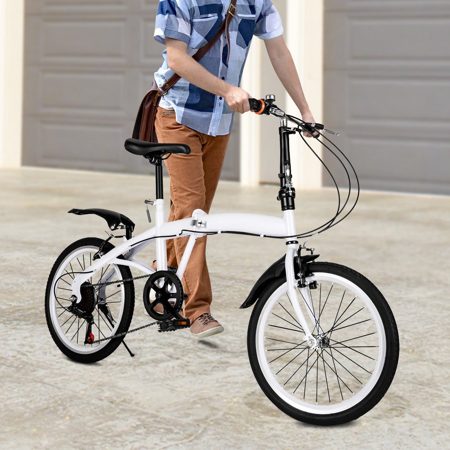 50.8 cm Folding Bicycle Adult Lightweight 6-Speed Height Adjustable Folding Bicycle Adult for Outdoor Cycling Commuting White with Bicycle Circle