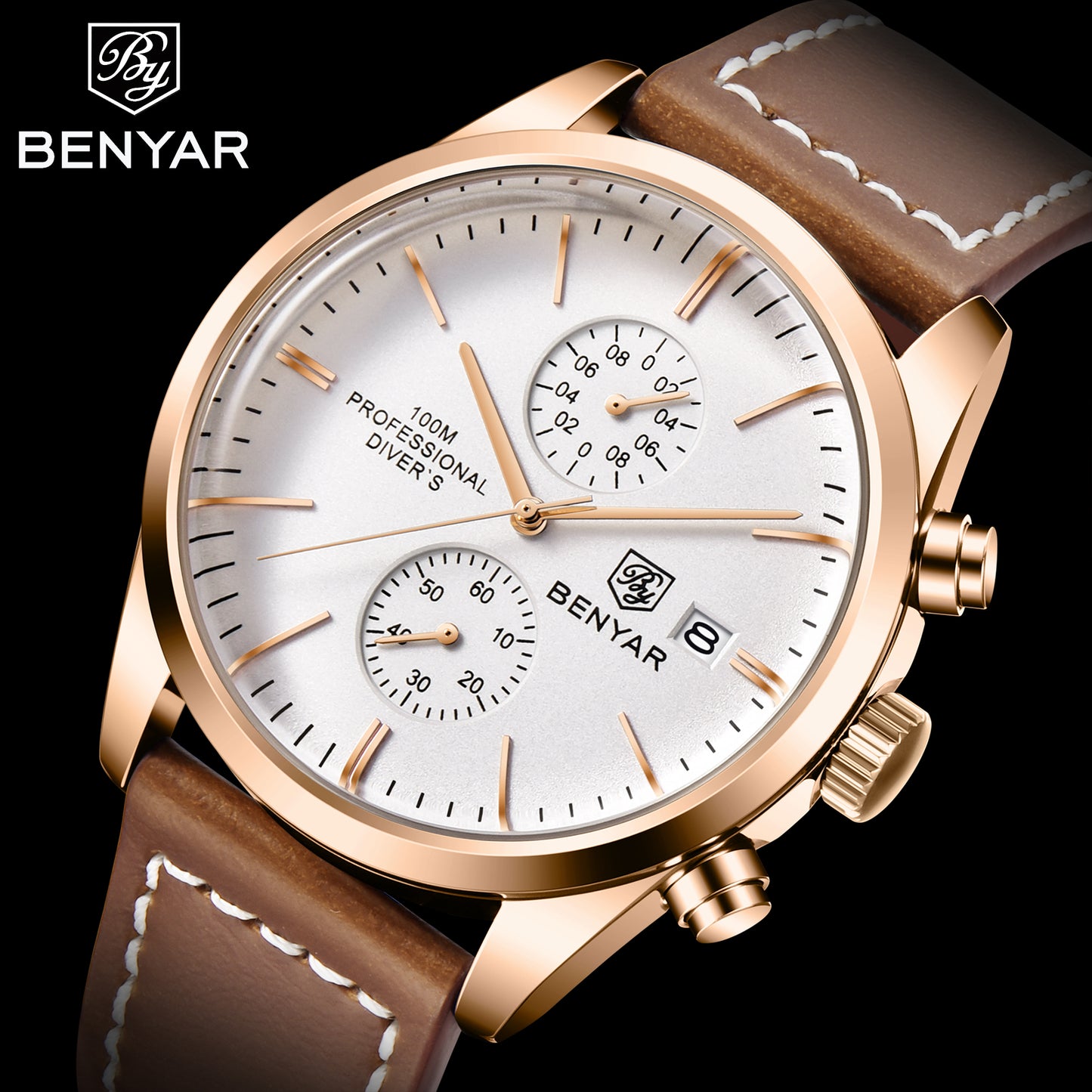 1pc New BENYAR Men's PU Leather Quartz Wristwatch, Men's 100M Multifunctional Watch Military Sports Chronograph Watch For Men