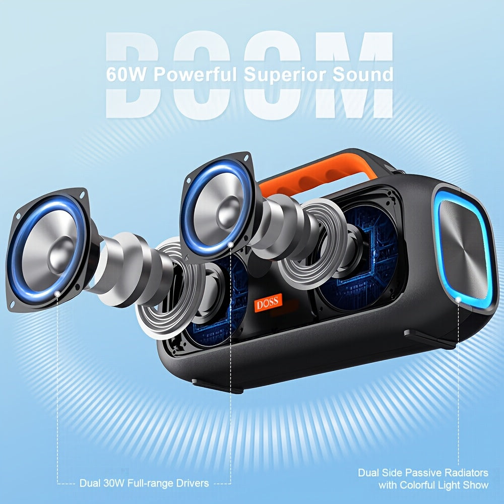 DOSS Extreme Boom S Portable Speaker, Wireless 5.3 with 60W Stereo Sound, Rich Bass, IPX6, 25H Playback Time, TWS, LED Lights, Suitable for Camping, Beach, Pool Outdoor Speakers - 507S