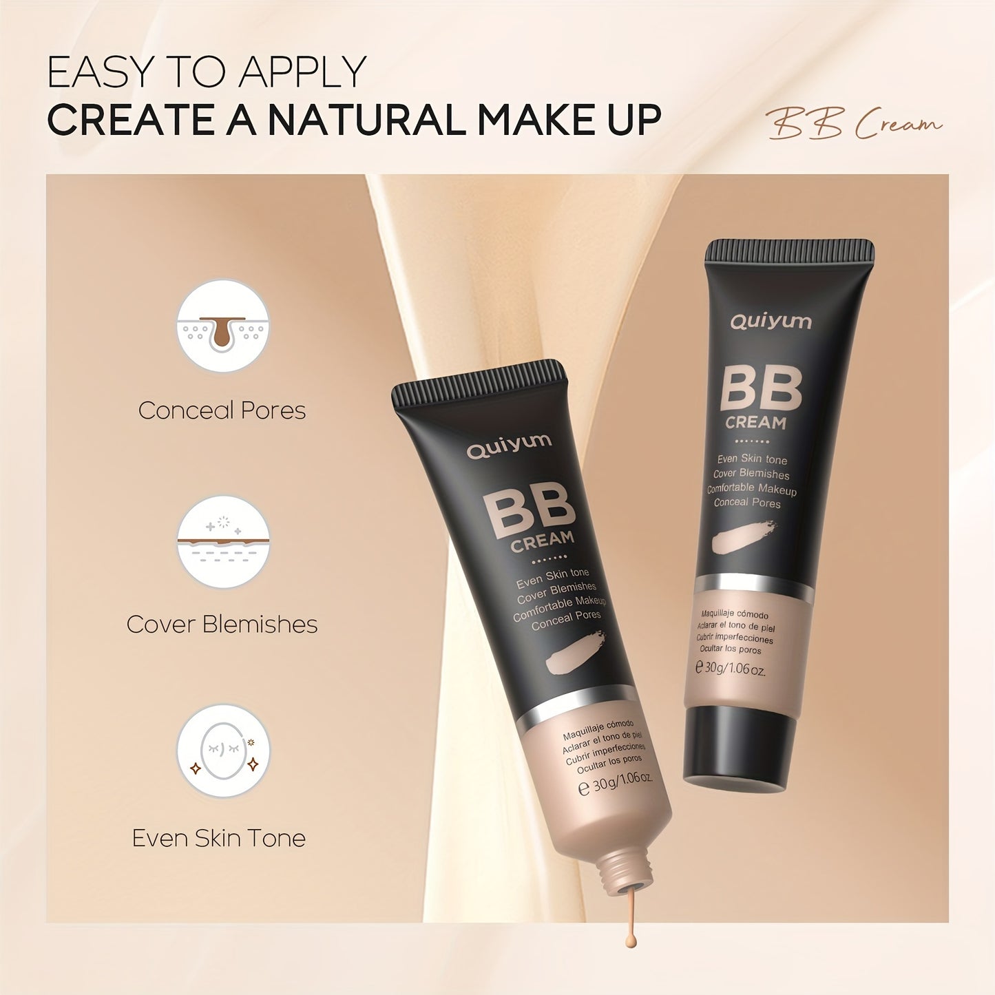 Quiyum BB Cream, Waterproof Long Lasting Pores Concealer, Brighten Skin Tone, Cover Blemishes Make Up Foundation 30g