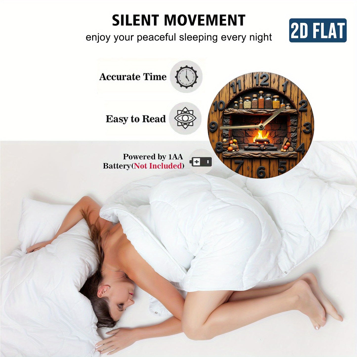 1 round acrylic wall clock - silent and tick-free, featuring a rustic fireplace design with a spice rack and flame effect, battery operated (excluding AA batteries) - home decoration, perfect for Christmas and Easter gifts, 2