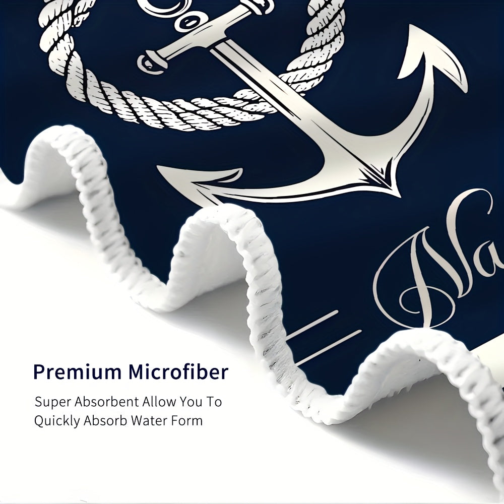 1pc Customizable Nautical Anchor Stripe Microfiber Beach Towel, Quick-Dry Soft Absorbent Knit Fabric, Machine Washable, Coastal Theme for Surfing Swimming Camping, 250gsm Polyester, Beach Essentials|Nautical Design|Quickdry M