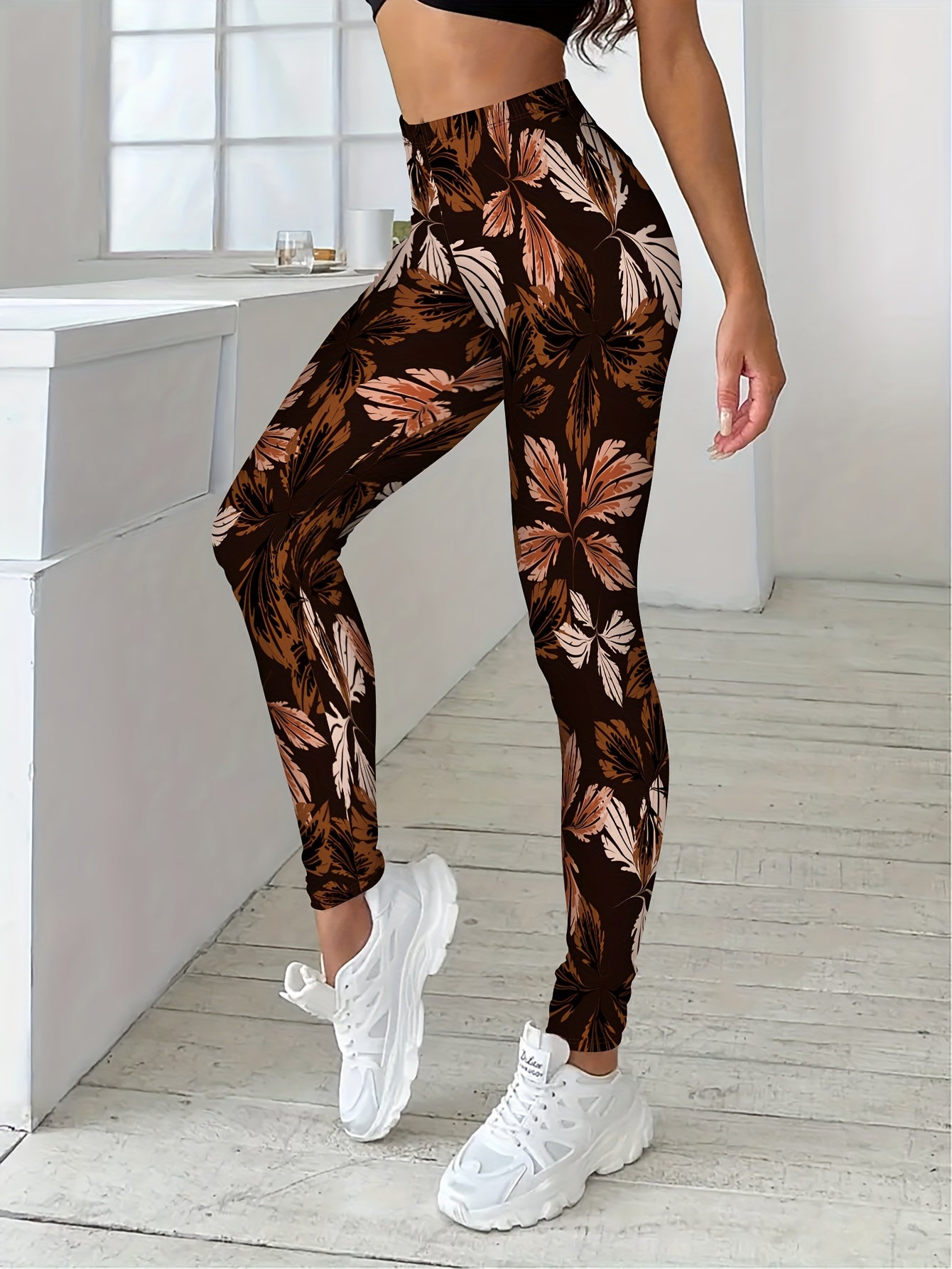 Women's High-Waisted Pants - Non-Slip Elastic Waist Leggings, Brown/Black Tropical Leaf Print, Medium-Stretch Non-See-Through Fabric for,, Casual & Formal Outfits - All-Season Trousers, Leggings, Formal Attire Leggings, Durab