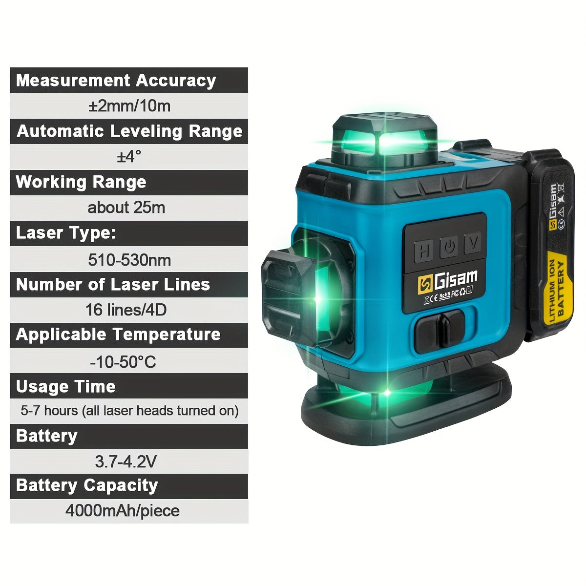 Gisam Multifunctional 16 Lines 4D Green Laser Level with Tripod & App Control, 360° Self-Leveling Horizontal & Vertical Cross Lines, USB & Battery Powered, Includes Carrying Case, Super-Powerful Beam, Portable Design for Ind