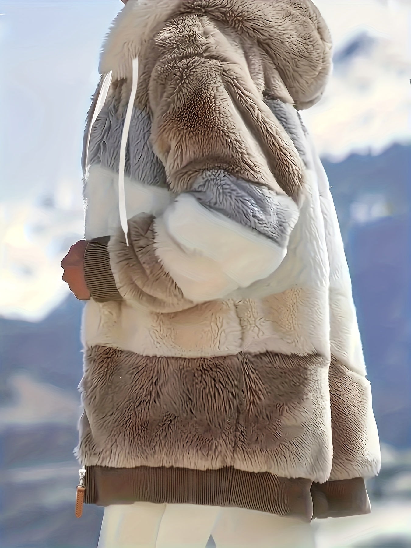 Women's Plush Faux Fur Hooded Jacket - Loose Fit Color Block Coat with Blue/Beige/White/Black Design, Long Sleeve Winter Warmth, Machine Washable for Casual & Formal Outfits, Ladies Winter Coats, Autumn Layering Piece, Formal