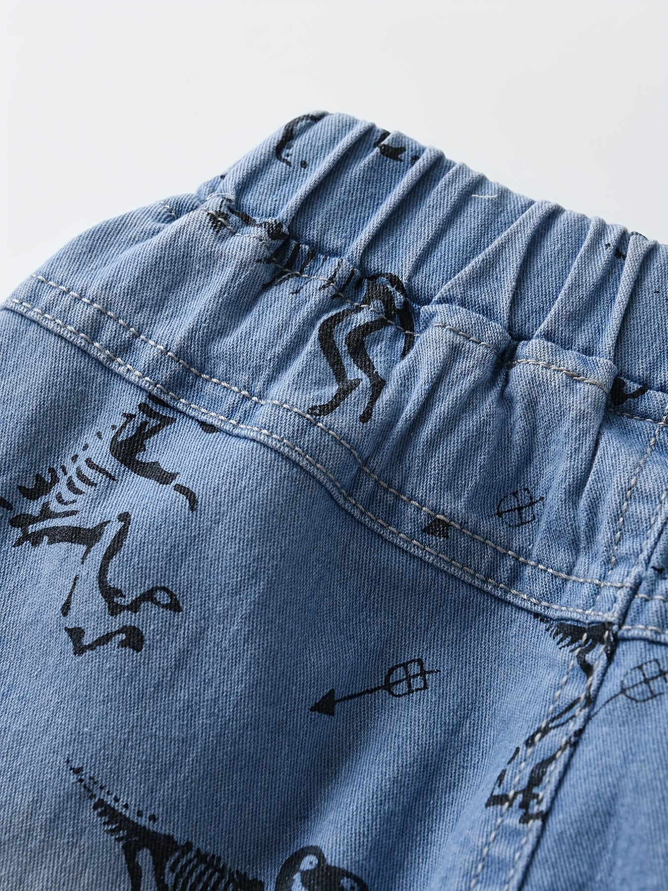 Skeleton Dinosaur Print Boys Comfortable Creative Denim Shorts, Casual Slightly Stretch Shorts For Summer Outdoor