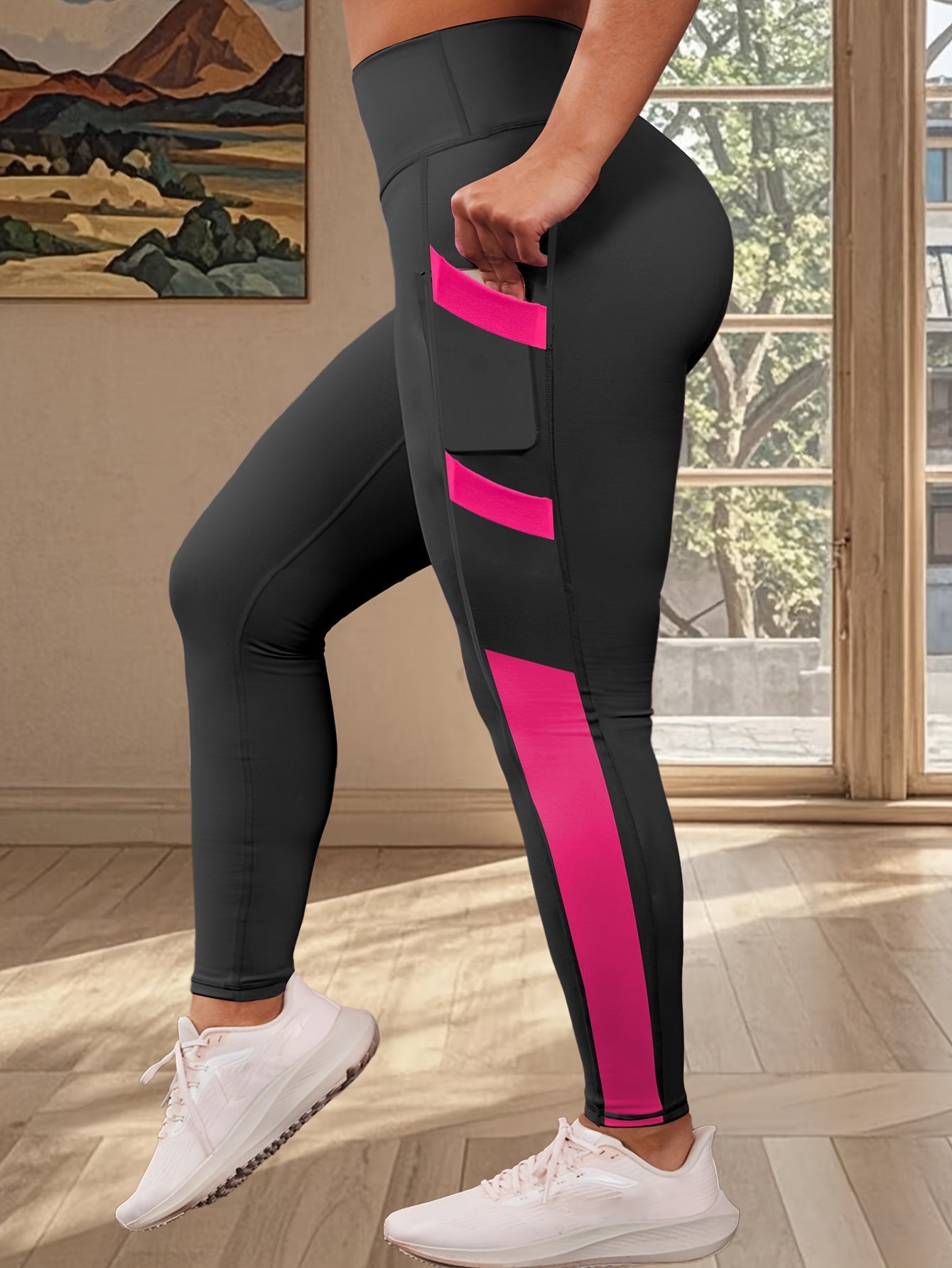 Plus Size Women's High-Waisted Tummy Control Yoga Leggings - 4-Way Stretch Workout Pants with 4 Side Pockets, Butt-Lifting Posture & All-Season Wear for Gym, Running, - Non-Sheer Opaque Fitness Pants (Black/Grey)
