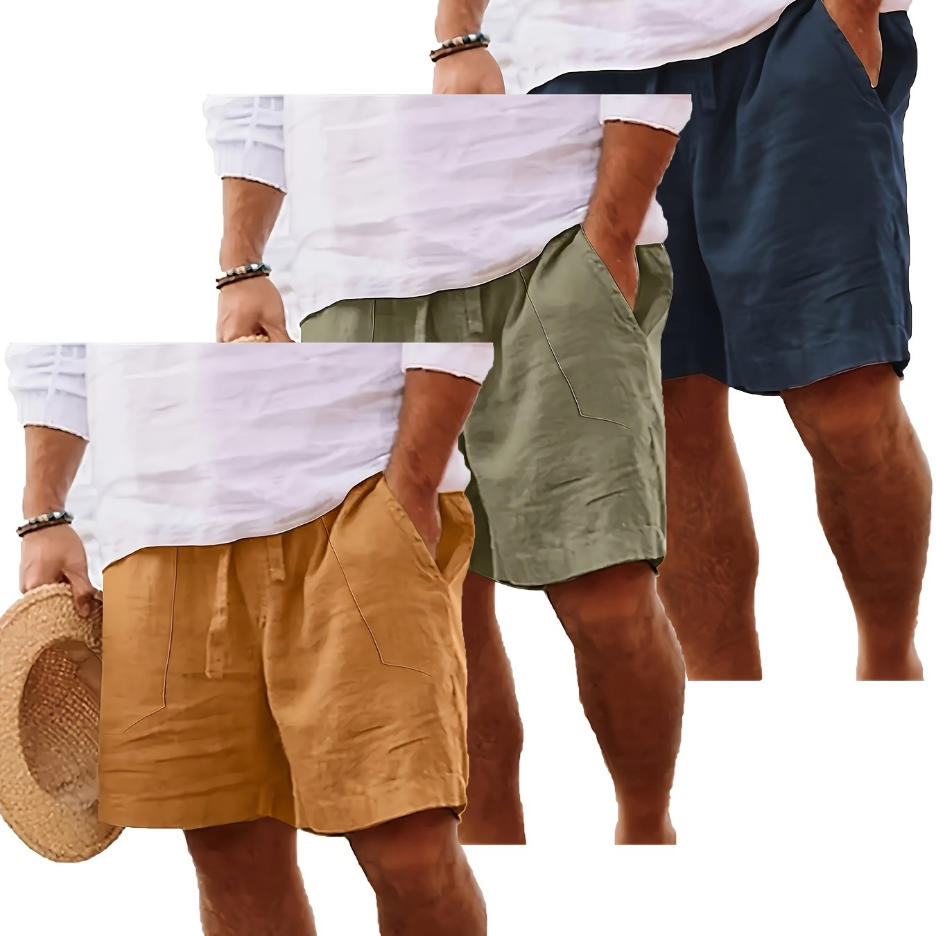 Men's Summer Shorts, Drawstring Elastic Waist, Straight Leg Solid Color Breathable Casual Beach Capri Pants - Three-Pack