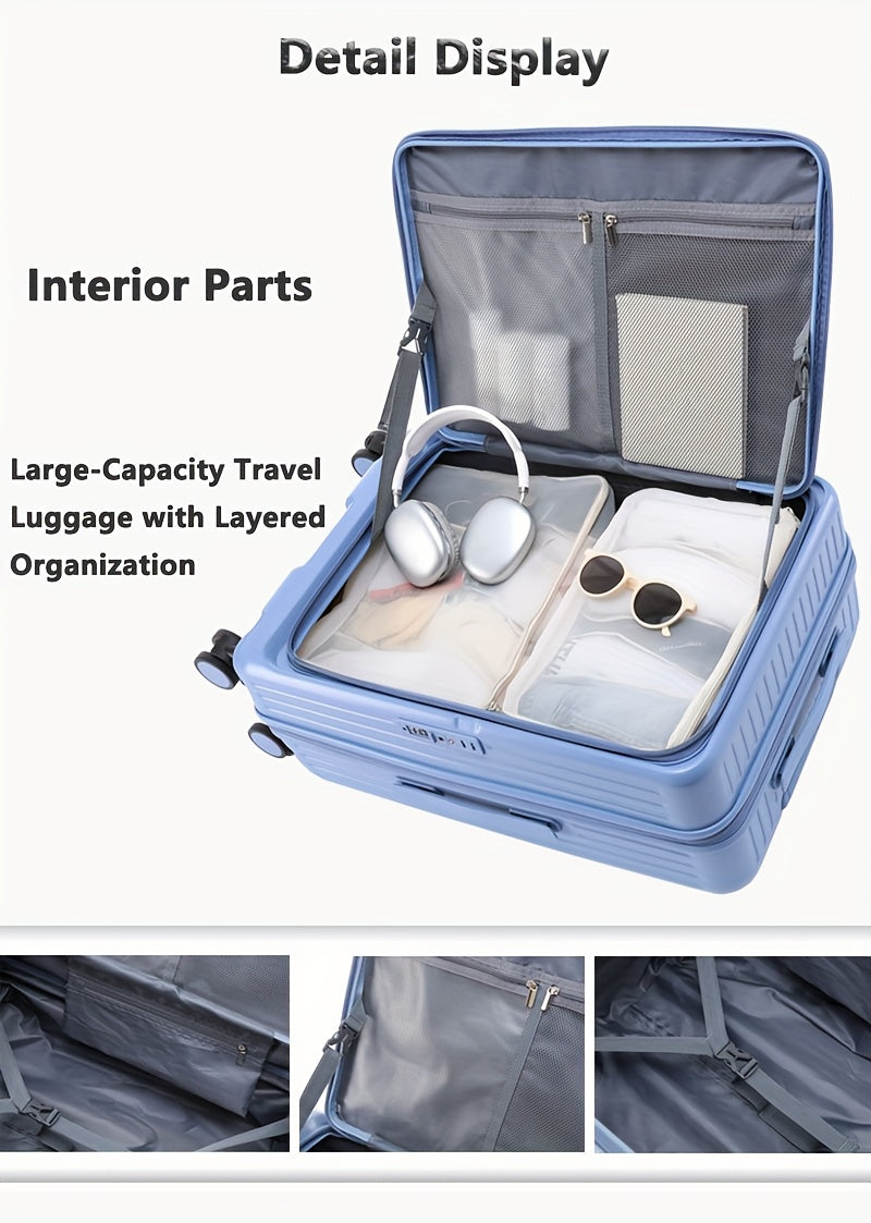 Hard Shell Spinner Luggage, Front Opening, Telescopic Handle, Durable ABS+PC Material, TSA Lock, Cup Holder, Shock Absorbing Wheels, Iron Pull Handle, No Electricity Required, No Print, for Travel