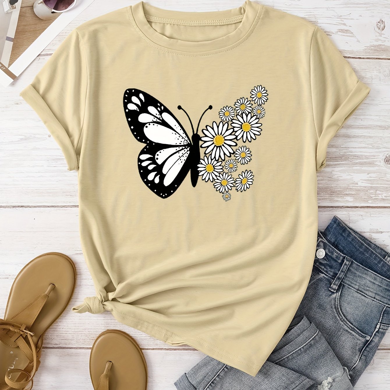 Women's Casual Butterfly & Daisy Floral Print Round Neck T-Shirt - Olive Green, Machine Washable, Regular Fit for Casual Attire, Allseason Fashion, Relaxed Style, Nontransparent Fabric