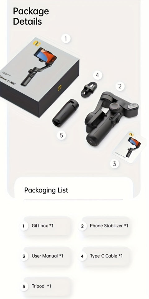 Estabilizador de gimbal portátil AOCHUAN-XE de 3 eixos, dobrável e giratório, com kit opcional de luz de enchimento RGB. Estabilizador de gimbal equilibrado que proporciona estabilidade e função anti-vibração, compatível com o rastreio facial e corporal.