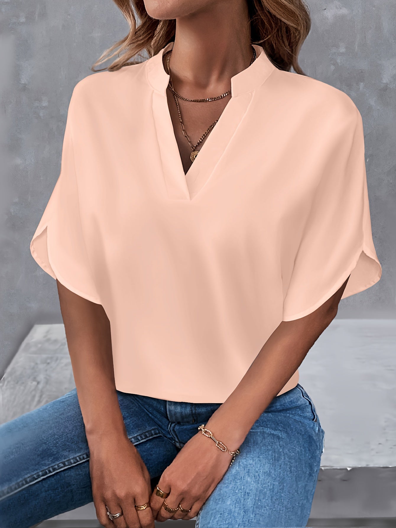 Solid Color Notch Neck Blouse, Casual Short Split Sleeve Blouse For Spring & Summer, Women's Clothing