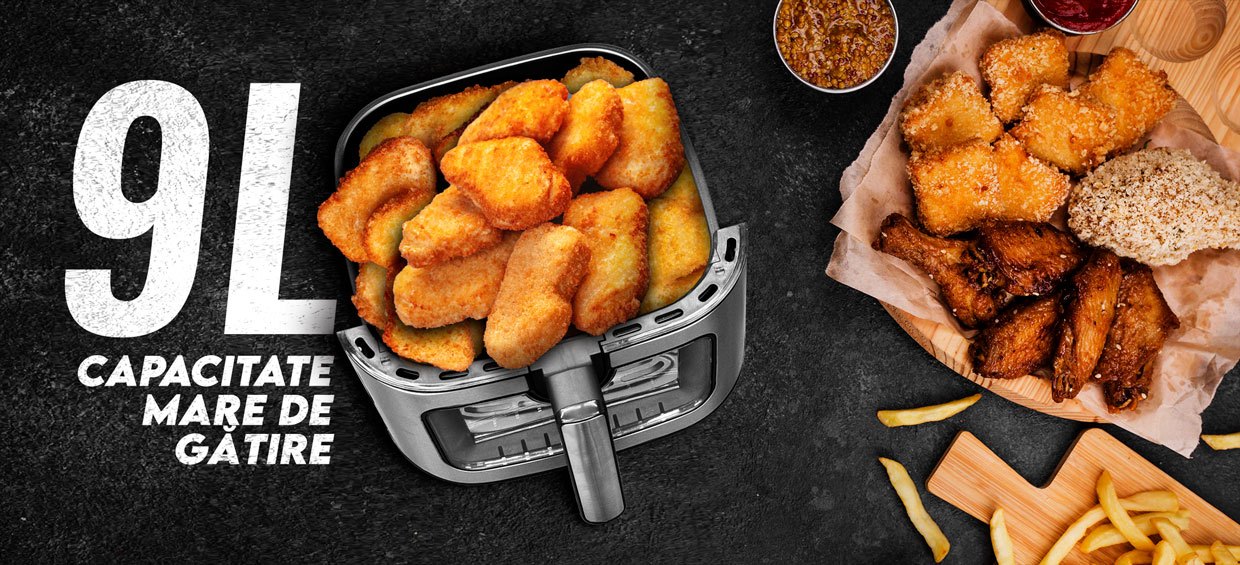 Fritadeira Elétrica sem Óleo iHunt Bro Air Fryer Ultra, Capacidade de 9 Litros, Gaveta de Vidro Transparente, Visor Digital, 12 Funções de Cozedura, Temperatura Ajustável, Descongelação e Temporizador, Alerta de Agitar, 1800W, Preta
