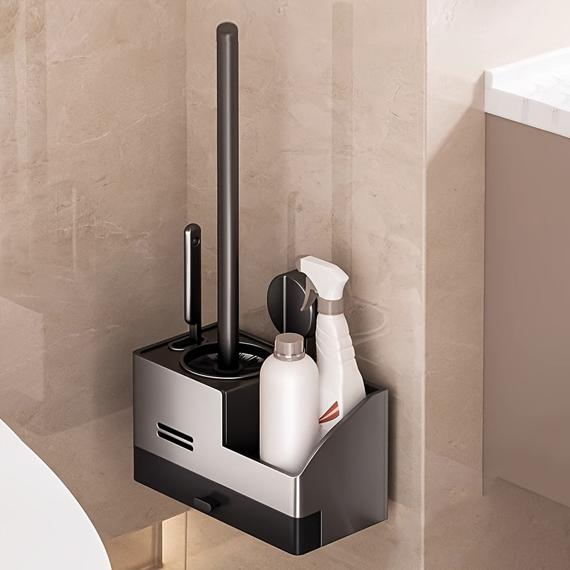 Vacuum Suction Cup Toilet Brush Wall-Mounted Set, 1 Style with 2 Options, Splashproof Base and Angled Head for Hard-to-Reach Areas - No Drilling Required Bathroom Storage Solution Universal Fit on Tiles & Glass