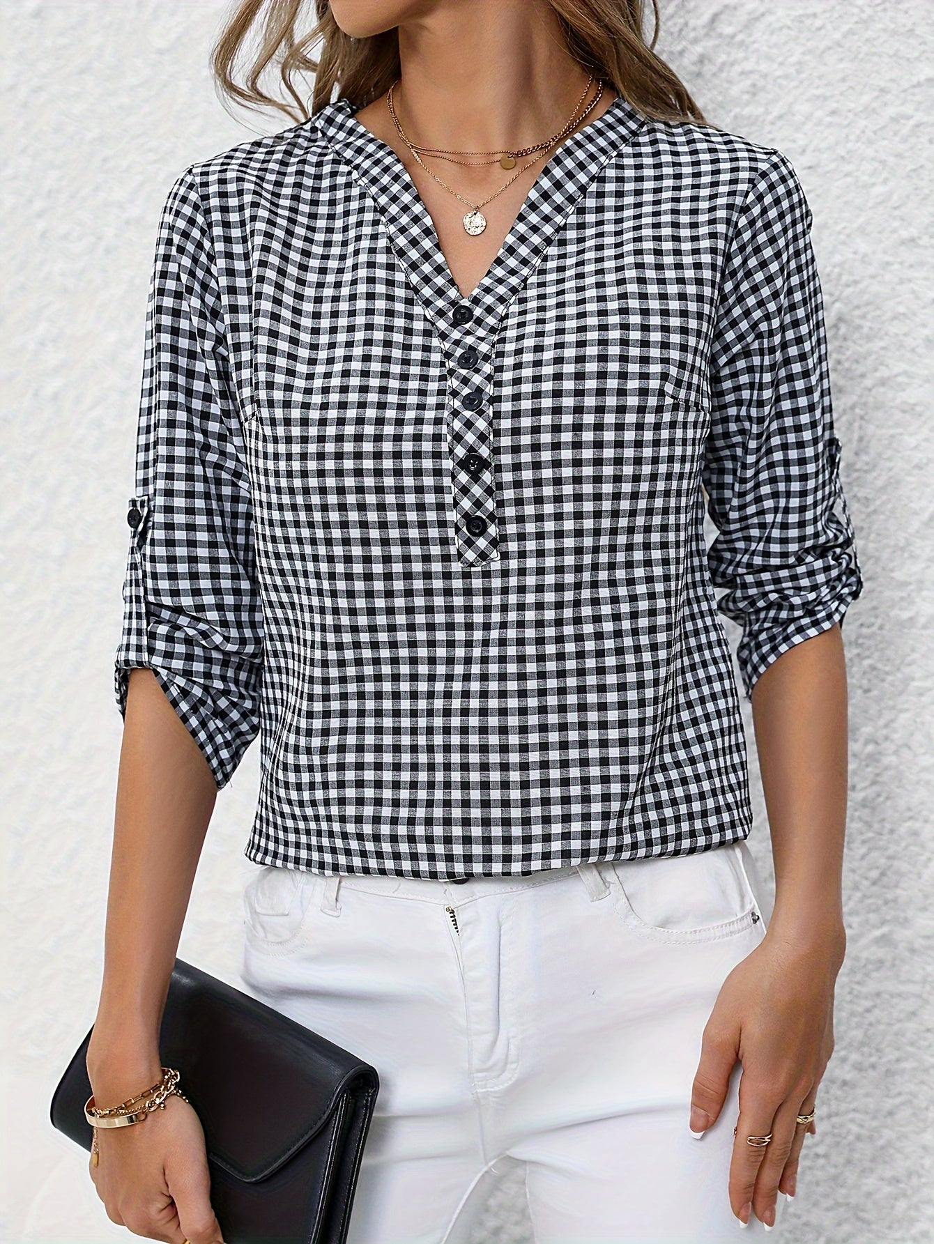 Plaid Print Button Notched Neck Blouse, Casual Rolled Sleeve Blouse For Spring, Women's Clothing