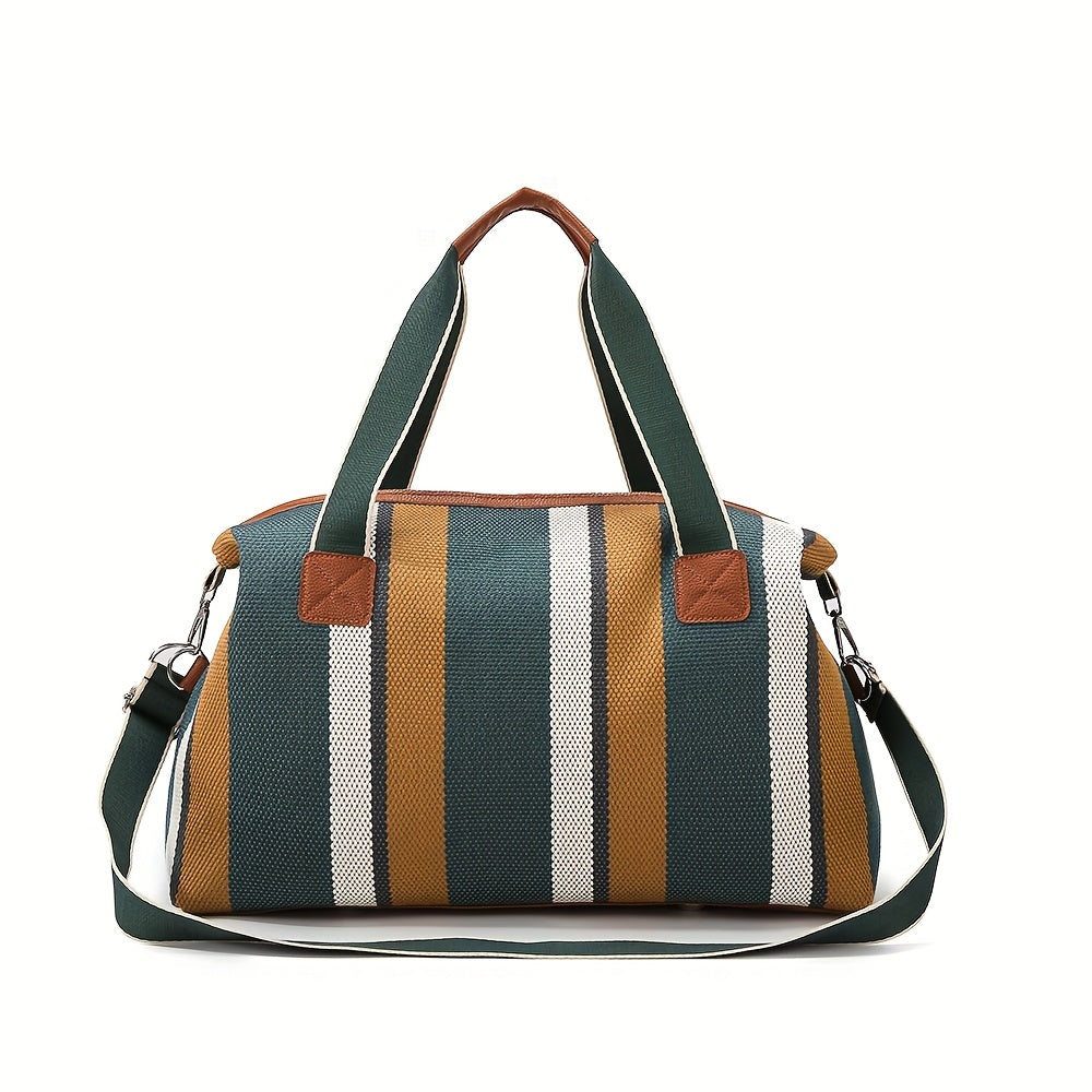 HUOHUO Women's Large Capacity Retro Striped Travel Handbag & Carry-On Luggage - Lightweight Nylon Suitcase with Adjustable Strap, Golden-Tone Hardware, Zipper Closure & Lining - Casual & Formal Use for Airplane, Train, Car Tr