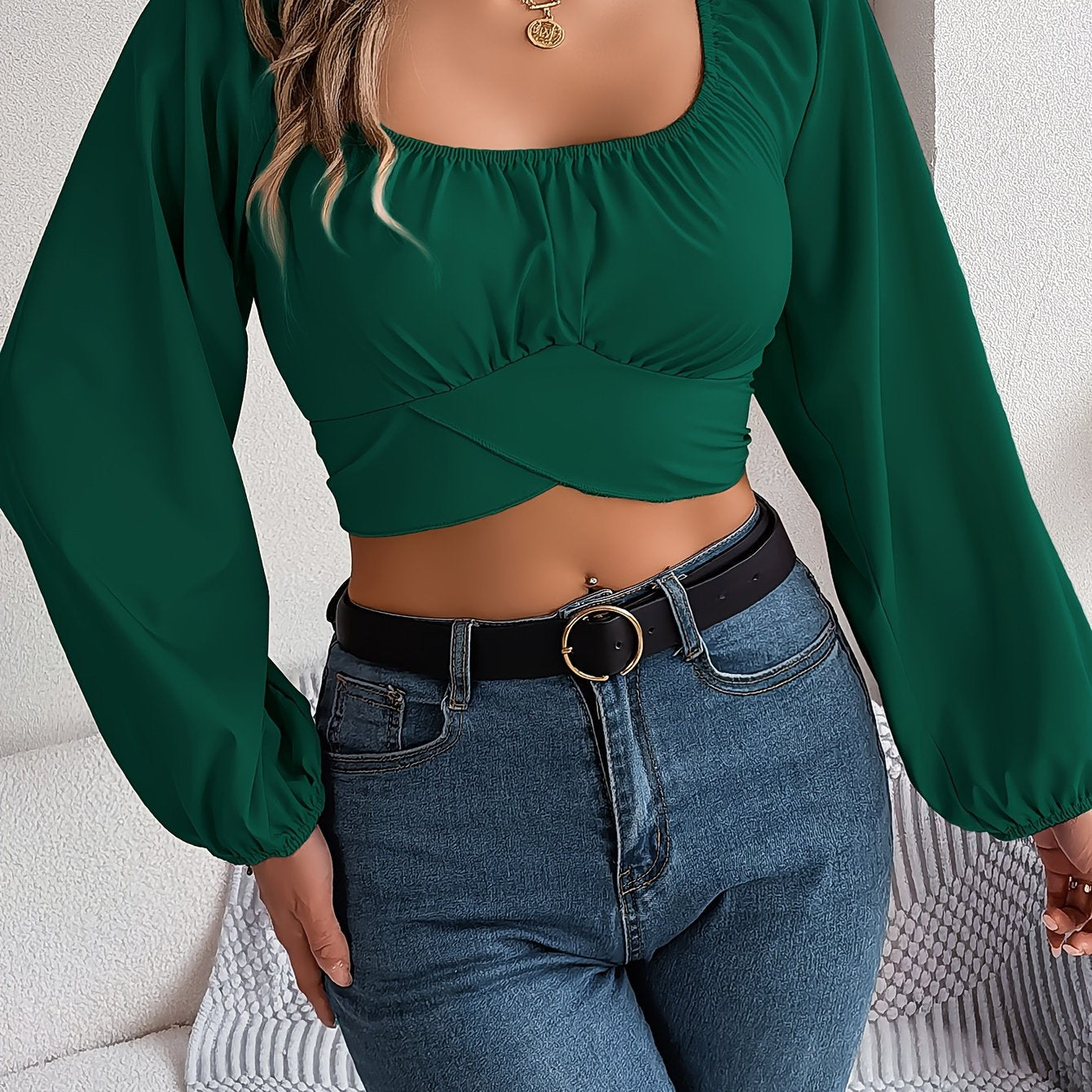 Square Neck Cross Tie Back Crop Blouse, Elegant Lantern Sleeve Slim Blouse For Spring & Fall, Women's Clothing