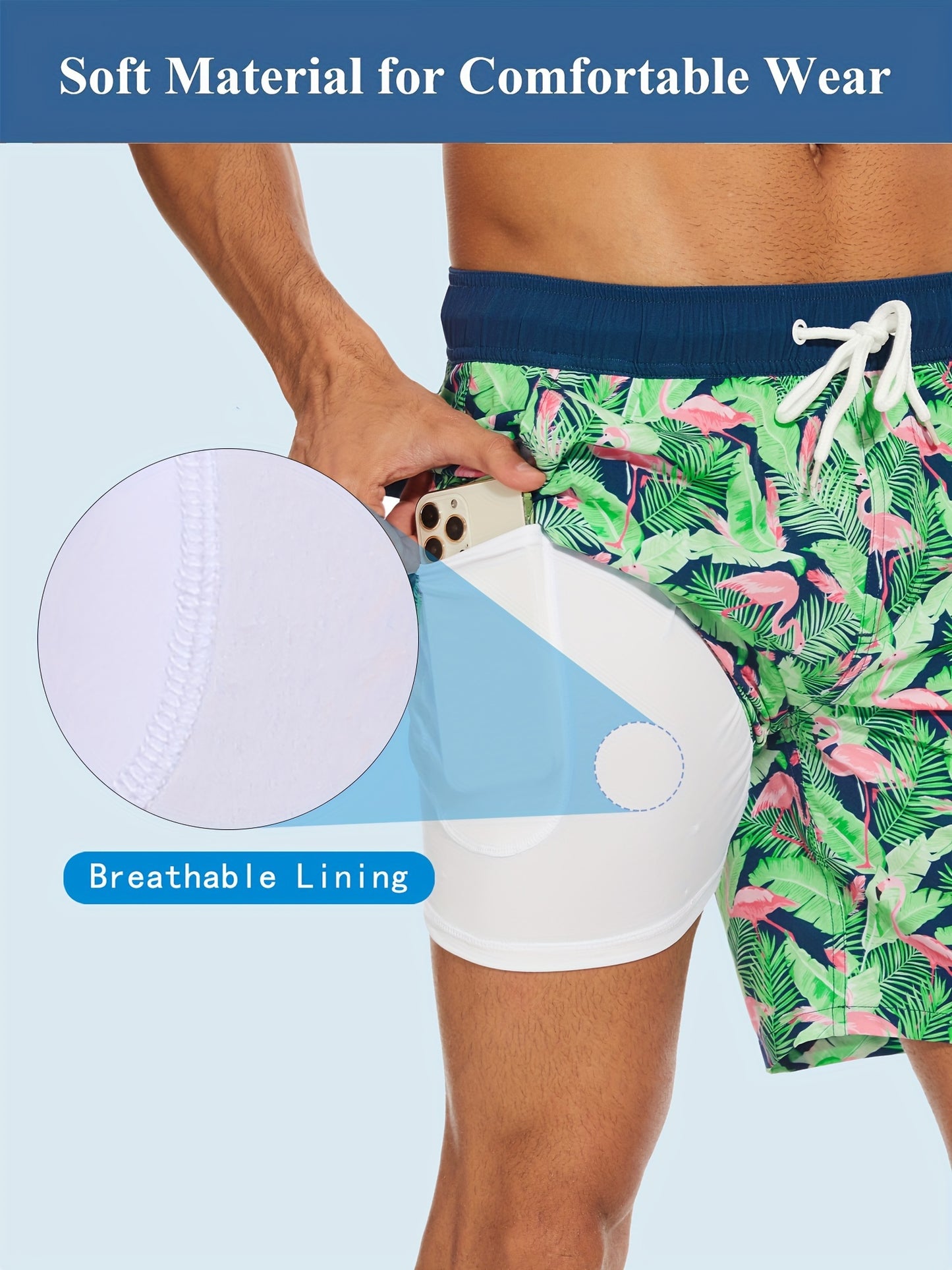 Men's Quick-Dry Beach Shorts with Tropical Palm Tree & Palm Leaf Print - Breathable Stretch Fabric for Summer, Outdoor, Hiking, Swimming - Machine Washable Casual Athletic Shorts, Outdoor Activewear, Summer Shorts
