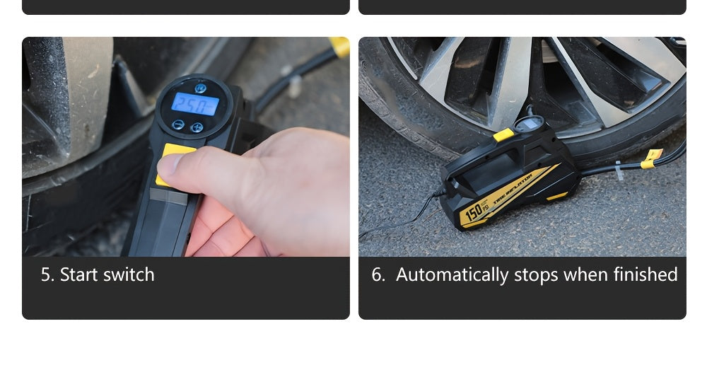 CaRSun Digital Tire Inflator, Portable Air Compressor Pump with LED Light for Cars, Motorcycles, Bicycles - DC 12V, 150 PSI, Black & Yellow Design, Plug-In Power Supply, No Battery Required, Bicycle Tire Inflator | Sleek Port