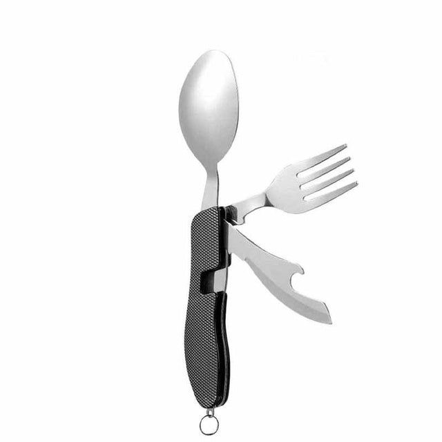 Stainless Steel 4-in-1 Outdoor Tableware Set with Folding Spoon, Fork, Knife, and Bottle Opener - Perfect for Camping, Picnics, Hiking, and Travel