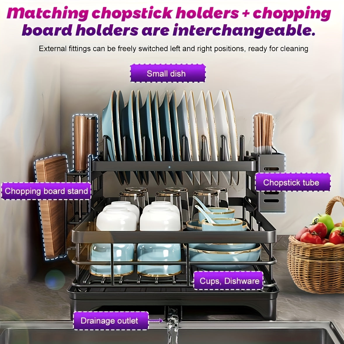 2-Tier Black Iron Kitchen Dish Rack - Large Capacity Organizer with Drainboard, Utensil Holder & Cup Hooks, Foldable Space-Saving Design for Plates, Bowls, Pots, Cutlery - Durable Powder-Coated Finish, Dish Drying Rack for Ki