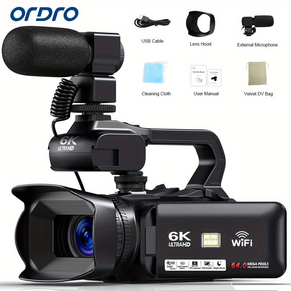 YISENCE 6K Camcorder Video Camera 64MP 18X Digital Zoom IR Night Vision Vlogging Camera for YouTube 10.16cm Touch Screen Digital Camera with WiFi, Microphone, Remote Control, Charger, Stabilizer and 64G SD Card