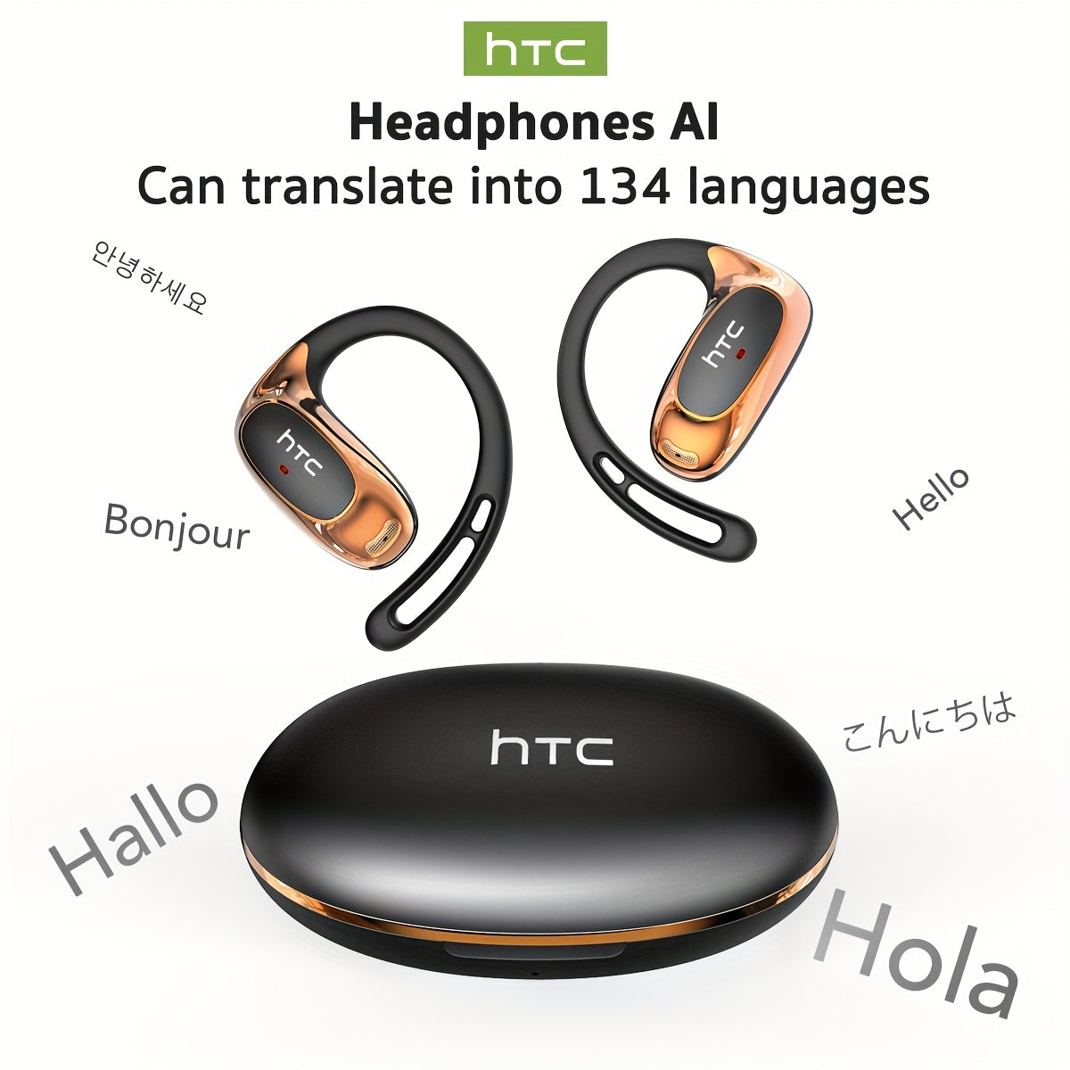 HTC NE35 AI Translation Earbuds Real-time Translation Headphones OWS Open-Ear Wireless Headphones, Latest BT V6.0, Noise Reduction Clear Call, 6.5 Hours Music Long Battery Life, Big speaker Big Volume