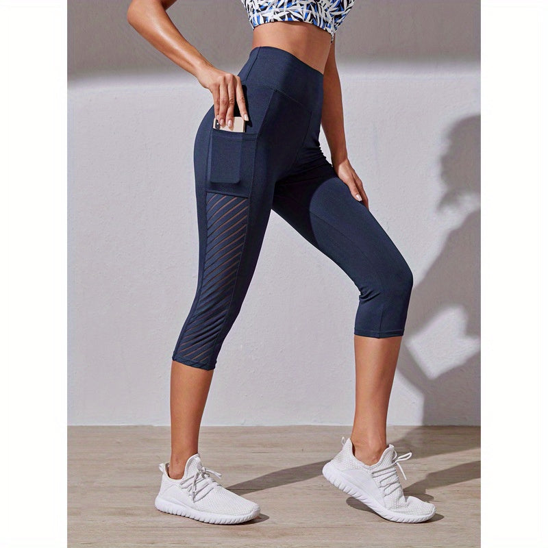 Wide Waistband Tummy Control Hip Lifting Sports Capri Pants, High Waist Stitching Mesh Capri Leggings, Women's Activewear