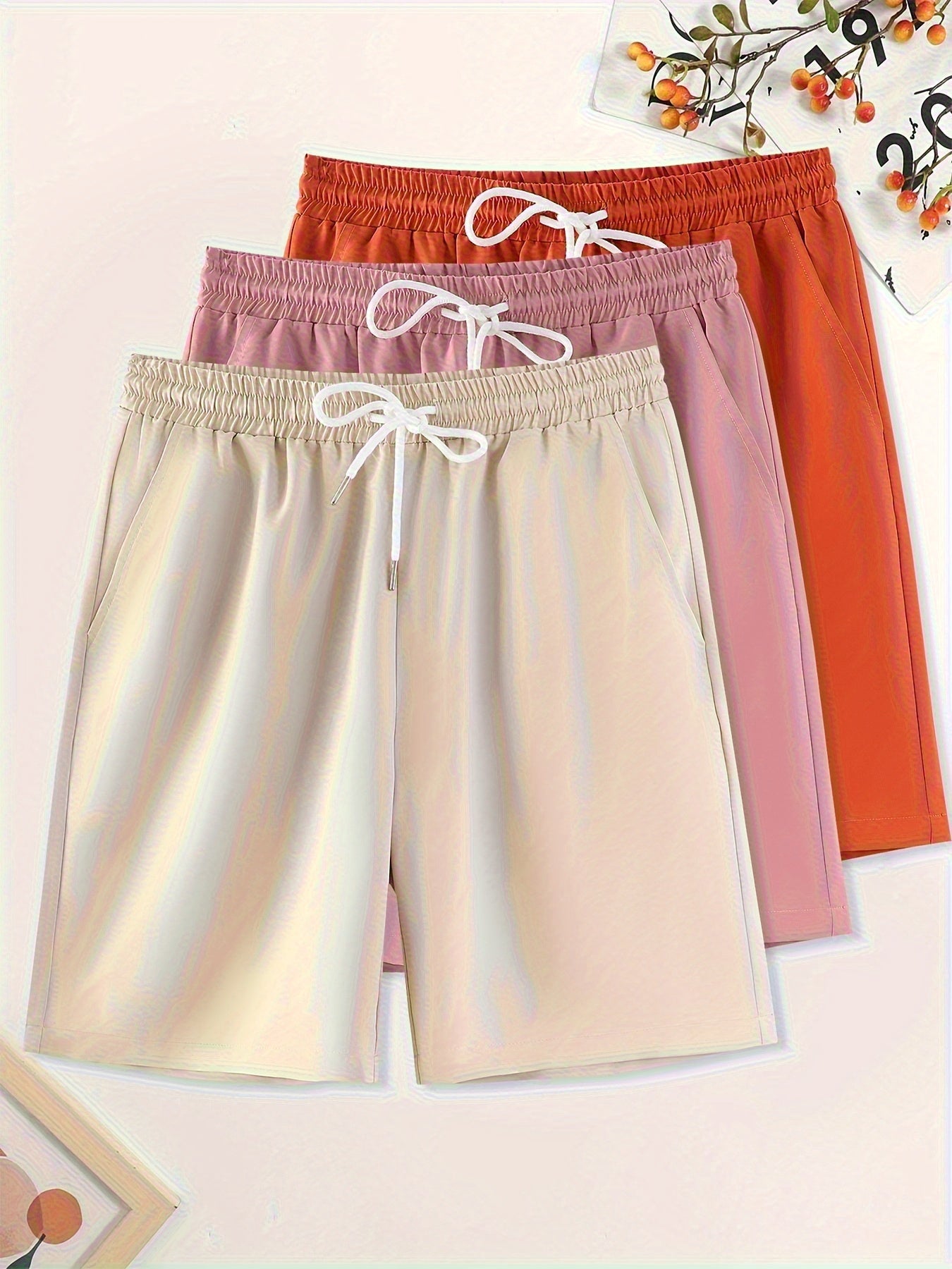 3pcs Men'S Plus Size Casual Shorts Set - White with Black Spider Web Print, Drawstring Waist, Non-Stretch Fabric, Perfect for Beach or Sports, Beach Shorts | Sporty Style | Woven Texture