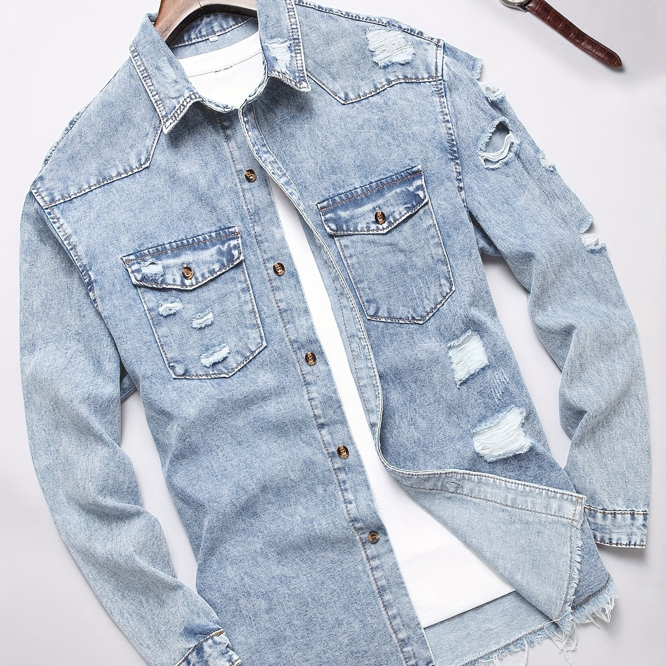 Men's Trendy Ripped Design Casual Button Up Long Sleeve Denim Shirt, Men's Clothes For Spring Summer Autumn, Tops For Men