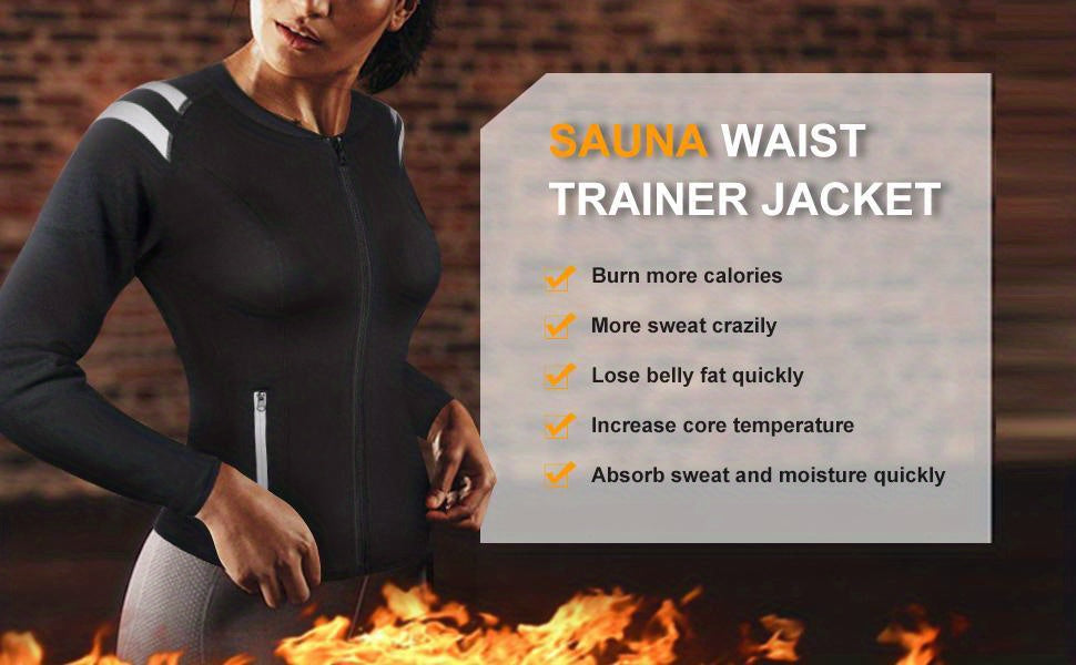 Long Sleeve Full Zipper Sweat Sauna Suit, Waist Training Weight Loss Slimming Fitness Workout Sports Jacket, Women's Clothing