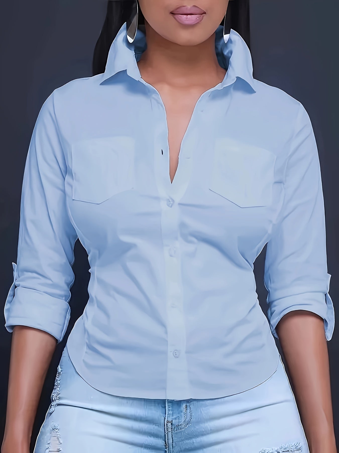 Solid Color Button Front Shirt, Casual Long Sleeve Pocket Shirt For Spring & Fall, Women's Clothing