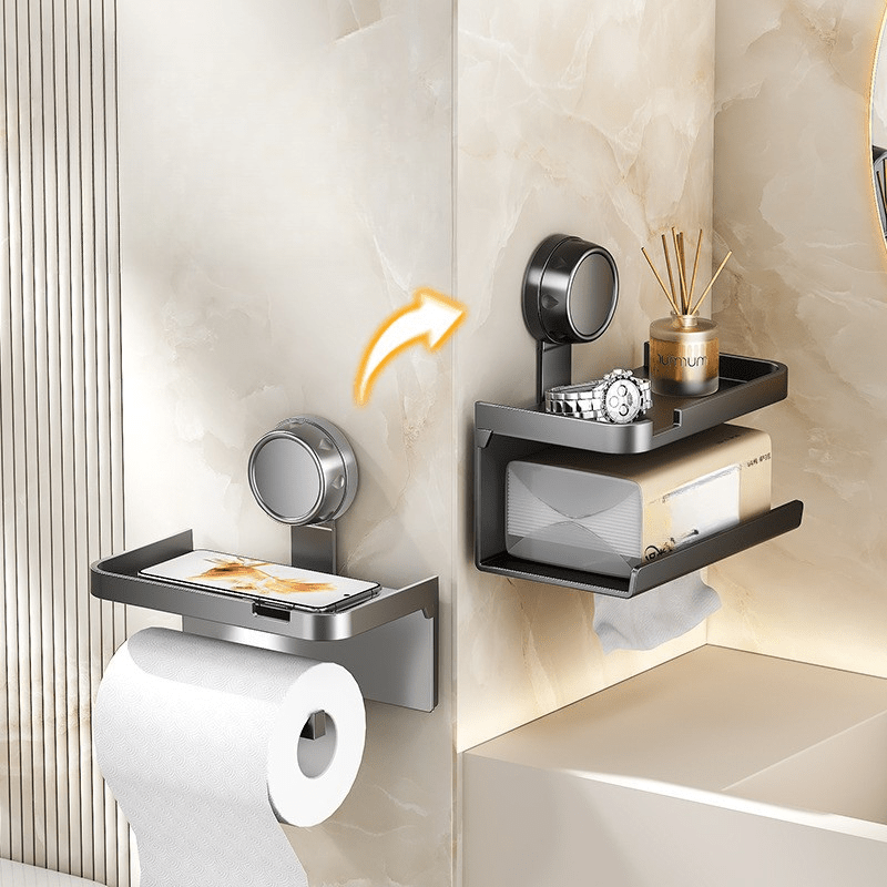 1pc Household Toilet Paper Holder with Storage Box, Suction Cup Wall-Mounted Bathroom Tissue Rack – No Drilling Required. Includes Phone Stand for Convenient Use in the Home or Shower Room, Toilet Tissue Holder for Bathroom