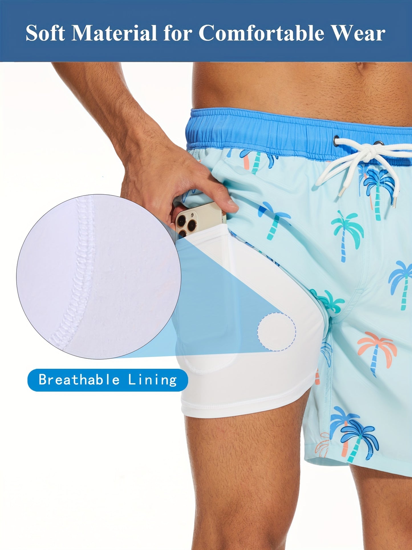 Men's Quick-Dry Beach Shorts with Tropical Palm Tree & Palm Leaf Print - Breathable Stretch Fabric for Summer, Outdoor, Hiking, Swimming - Machine Washable Casual Athletic Shorts, Outdoor Activewear, Summer Shorts