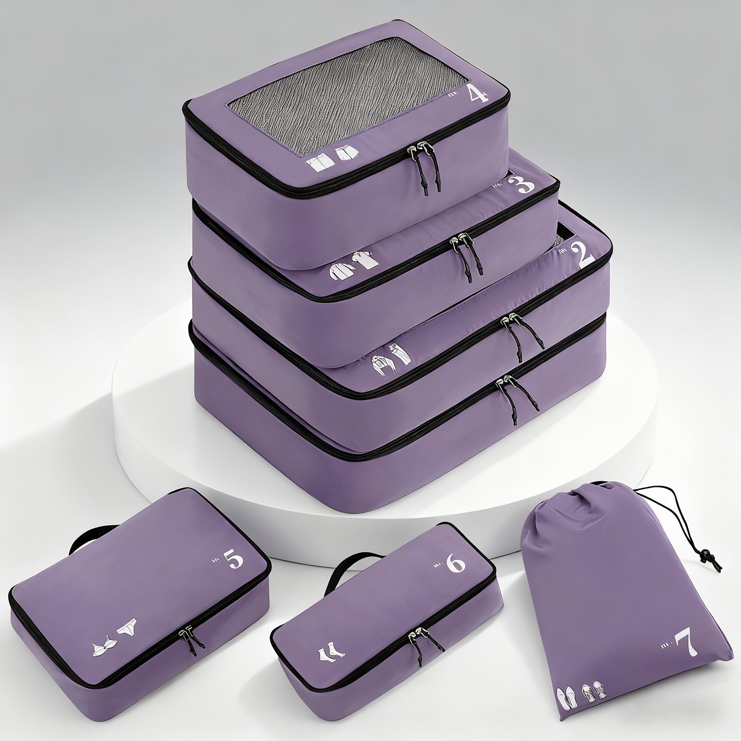 7pcs All-in-One Luggage Organizer Set with Shoe Bag & Laundry Pouch - Heavy-Duty Travel Packing Cubes, Zippered Compartments, Space-Saving Design for Suitcase, Backpack, Business Trip, Vacation, Camping - Machine Washable, Re
