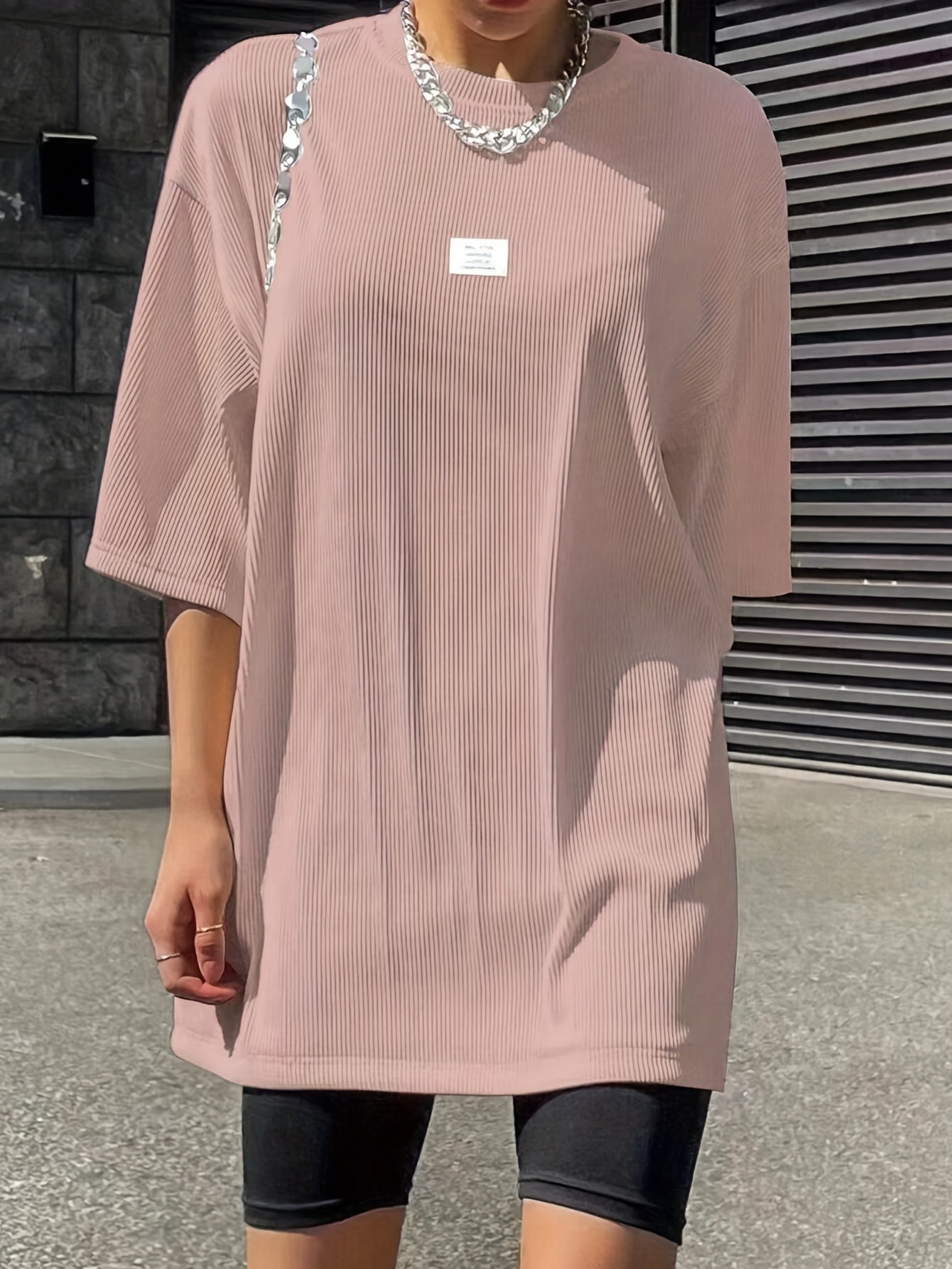 Oversized Drop Shoulder Ribbed T-Shirt, Casual Crew Neck Short Sleeve T-Shirt For Spring & Summer, Women's Clothing