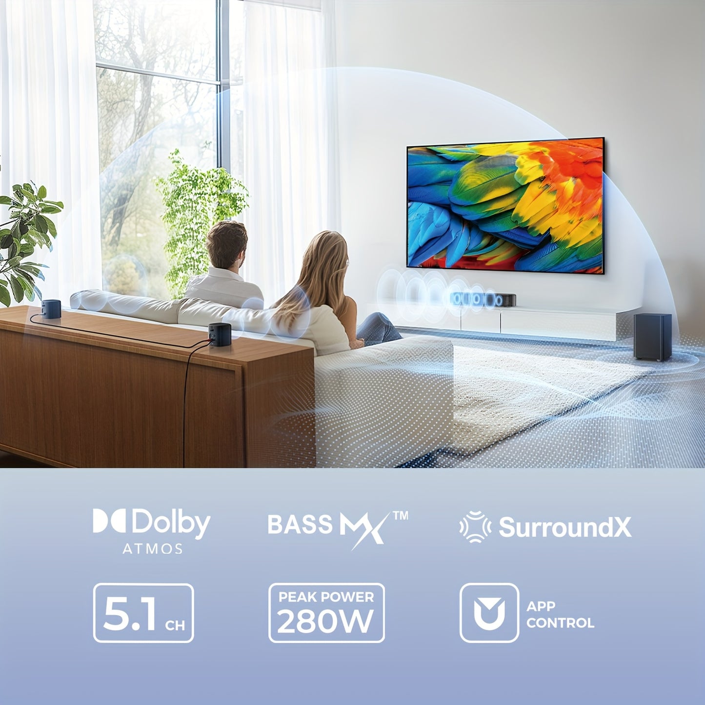 ULTIMEA 5.1ch Sound Bar with Atmos, Surround Sound System for TV, Home Theater Sound System, 2 Surround Speakers with Subwoofer, App Control, 121 EQ Presets, CEC Sync, Bass Boost, Bluetooth 5.3, HD EARC/Opt/AUX, Wired Sound B