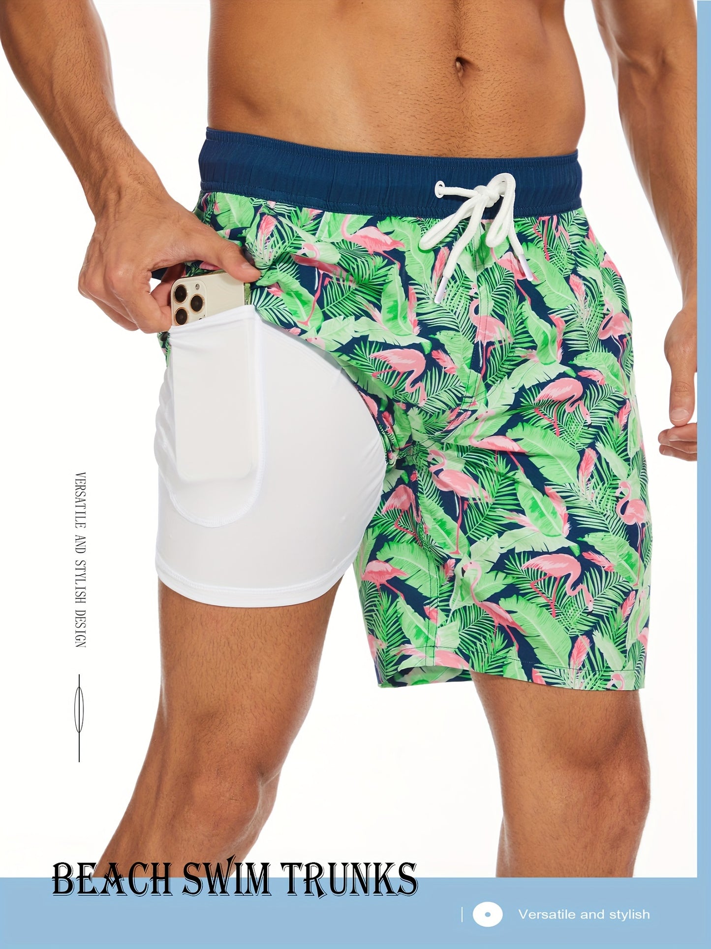 Men's Quick-Dry Beach Shorts with Tropical Palm Tree & Palm Leaf Print - Breathable Stretch Fabric for Summer, Outdoor, Hiking, Swimming - Machine Washable Casual Athletic Shorts, Outdoor Activewear, Summer Shorts