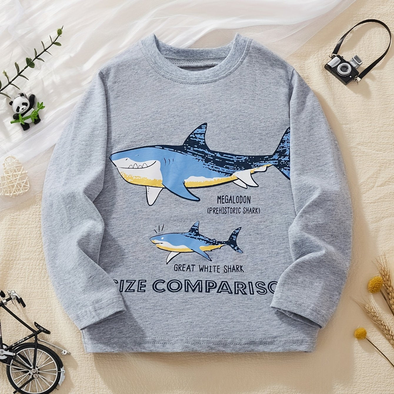 LITTLE BITTY Boys' Cotton Long Sleeve Crew Neck T-Shirt, Cartoon Shark Pattern, Casual Skinny Fit, Breathable Knit Fabric, Regular Sleeve, for Hiking & Outdoor, Weekend Casual Wear - Spring/Summer Collection