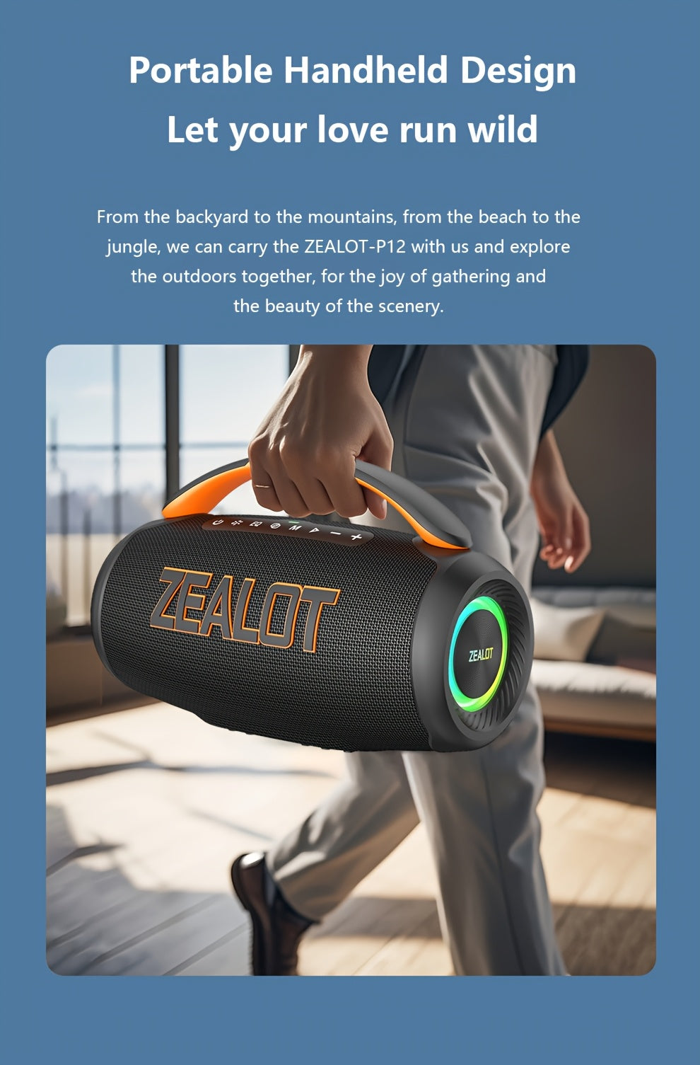 ZEALOT 60W Subwoofer Speaker, Wireless Speaker with Handle, 8000mAh Battery, Easy to Carry, RGB Lights, EQ Mode, TWS Pairing, Booming Bass. IPX5 High Quality, Great for Parties And Gatherings. for Home, Car, Camping-ZEALOT P1