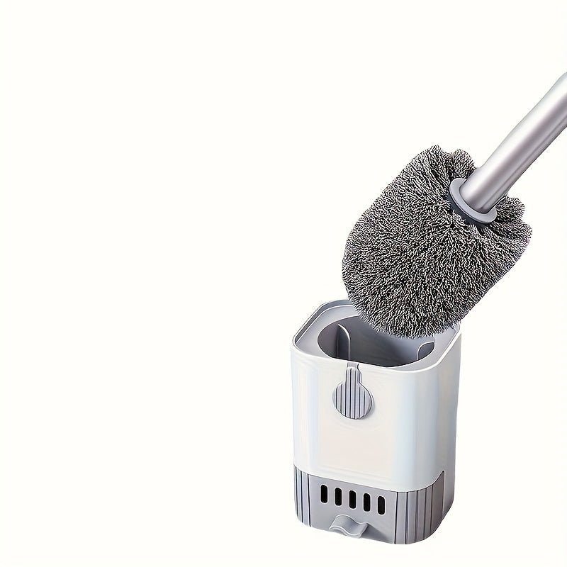 A wall mounted toilet brush set with a long handle - soft silicone bristles, no dead corners, equipped with a paper towel rack, manual non electric, space saving design