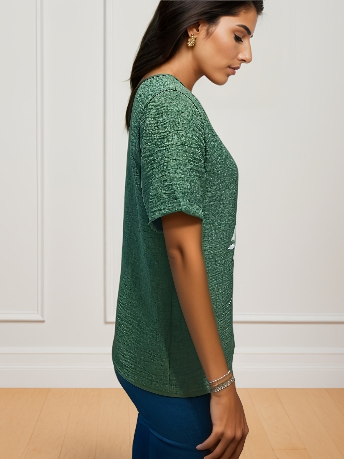 Floral Print Crew Neck Blouse, Casual Short Sleeve Blouse For Spring & Summer, Women's Clothing